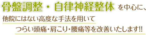 骨盤調整・自律神経整体を中心に、他院にはない高度な手法を用いてつらい頭痛・肩こり・腰痛等を改善いたします!!